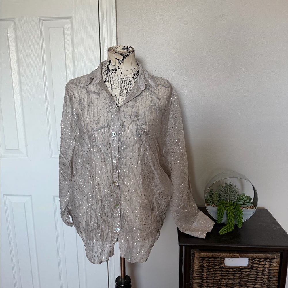 Zara long-sleeve Silver foil metallic splatter tunic cami oversized bat L blouse